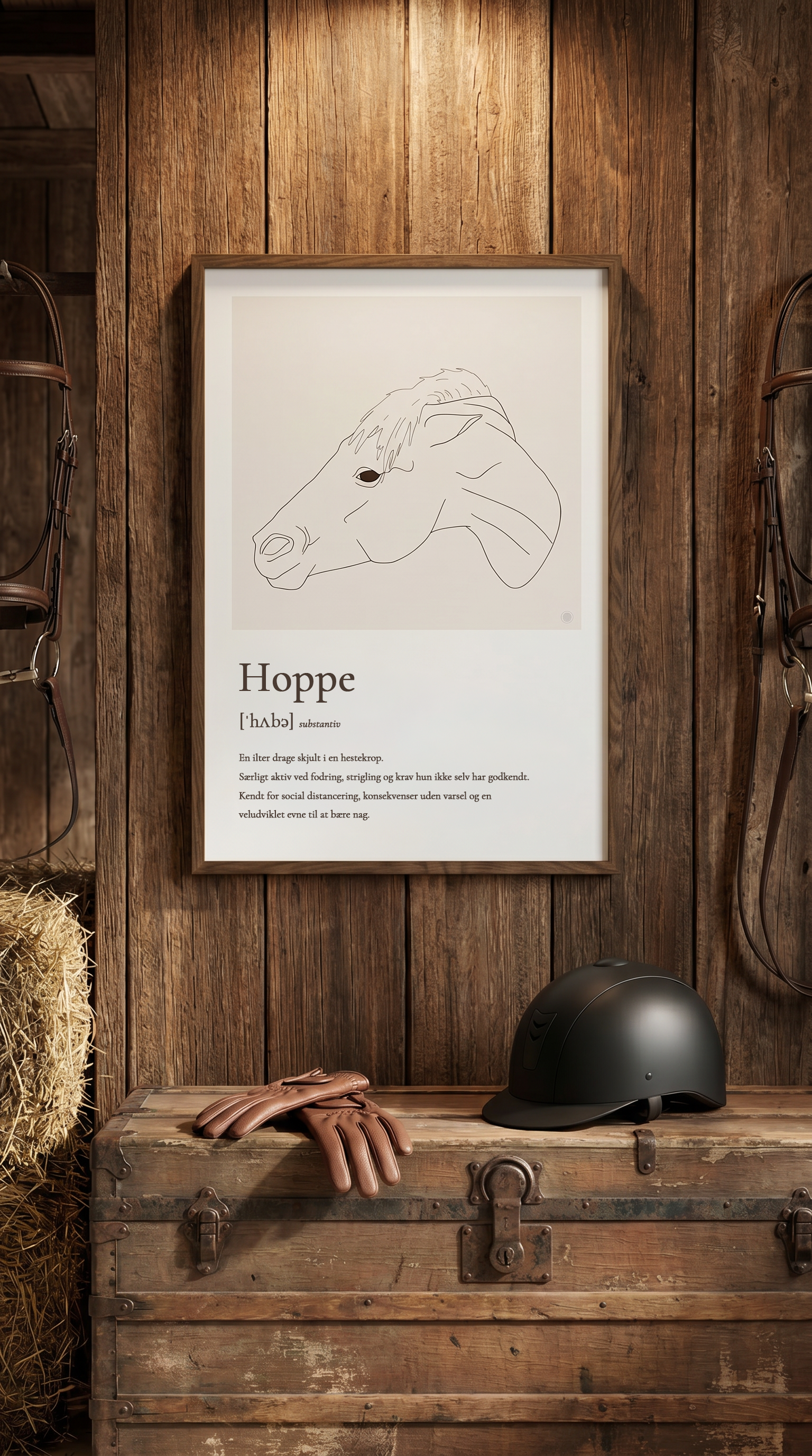 Hoppe plakat – humoristisk hesteplakat med ordforklaring